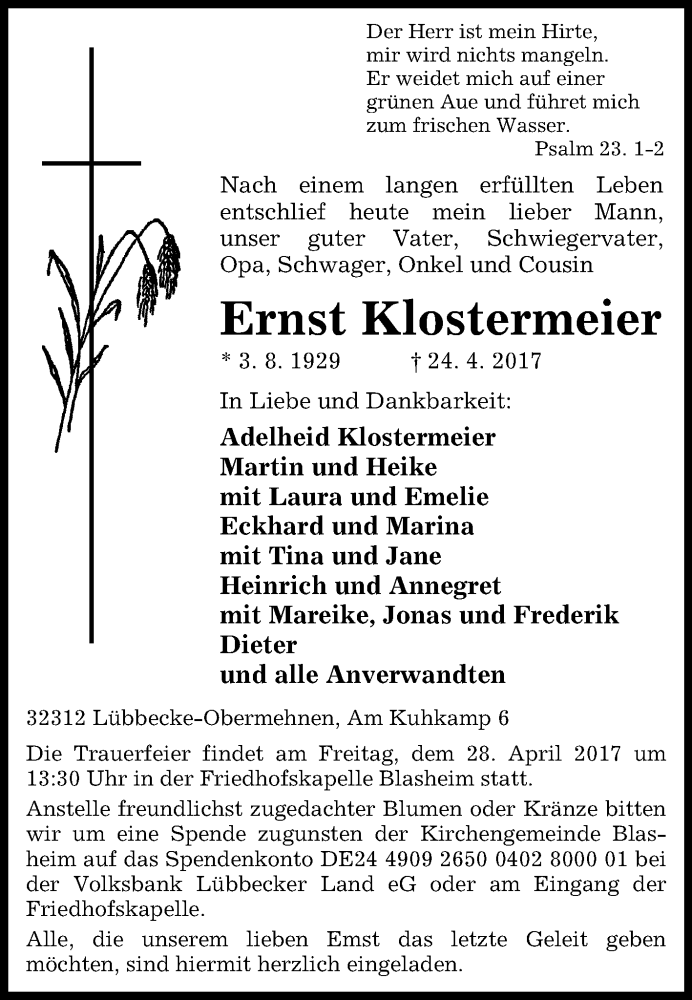  Traueranzeige für Ernst Klostermeier vom 26.04.2017 aus Westfalen-Blatt
