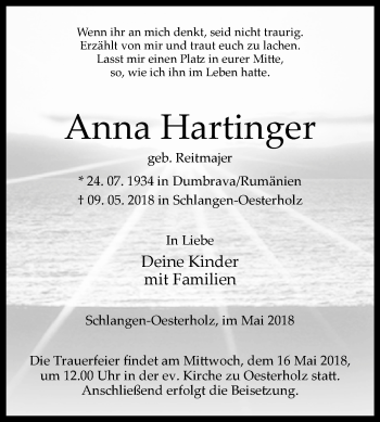 Traueranzeige von Anna Hartinger von Westfalen-Blatt
