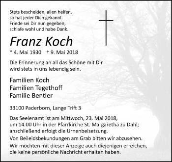 Traueranzeige von Franz Koch von Westfalen-Blatt