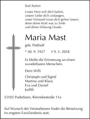 Traueranzeige von Maria Mast von Westfalen-Blatt