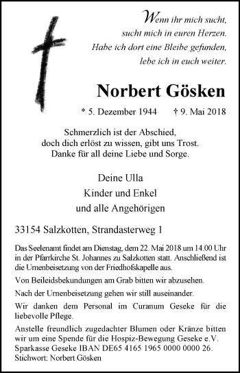 Traueranzeige von Norbert Gösken von Westfalen-Blatt