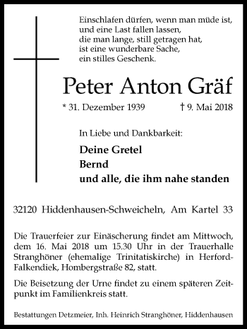 Traueranzeige von Peter Anton Gräf von Westfalen-Blatt