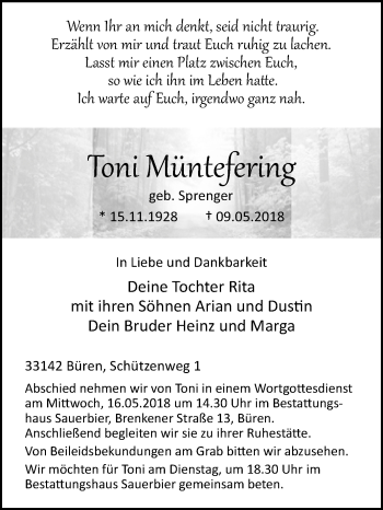 Traueranzeige von Toni Müntefering von Westfalen-Blatt