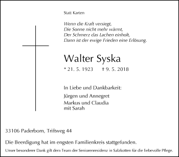 Traueranzeige von Walter Syska von Westfalen-Blatt