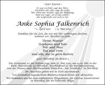 Traueranzeige von Anke Sophia Falkenrich von Westfalen-Blatt