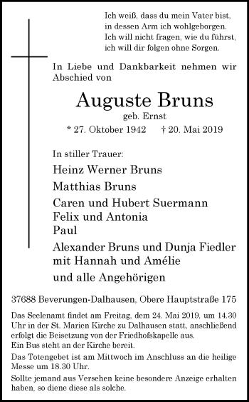 Traueranzeige von Auguste Bruns von Westfalen-Blatt