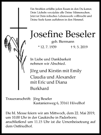 Traueranzeige von Josefine Beseler von Westfalen-Blatt