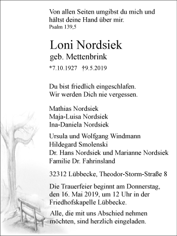 Traueranzeige von Loni Nordsiek von Westfalen-Blatt