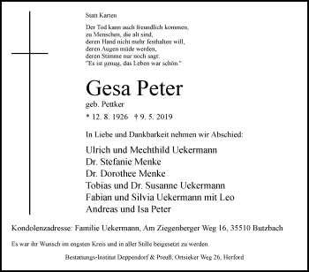Traueranzeige von Gesa Peter von Westfalen-Blatt