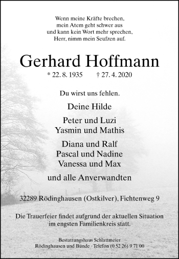 Traueranzeige von Gerhard Hoffmann von Westfalen-Blatt
