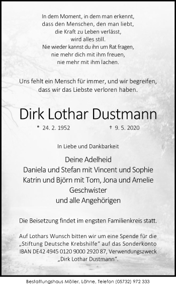 Traueranzeige von Dirk Lothar Dustmann von Westfalen-Blatt