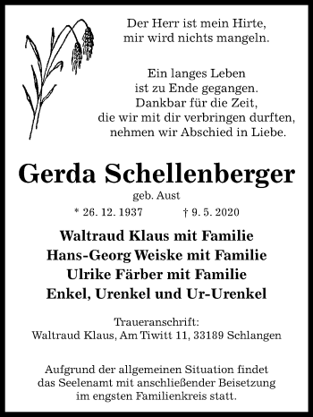 Traueranzeige von Gerda Schellenberger von Westfalen-Blatt