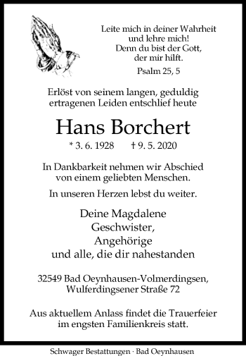 Traueranzeige von Hans Borchert von Westfalen-Blatt