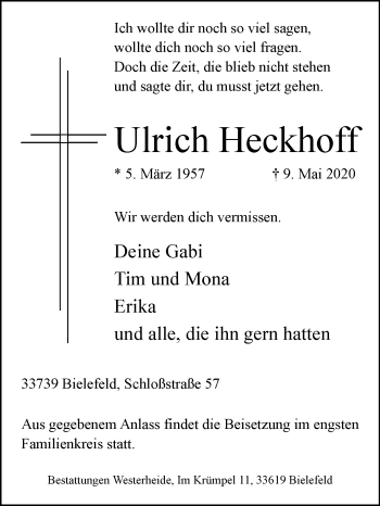 Traueranzeige von Ulrich Heckhoff von Westfalen-Blatt
