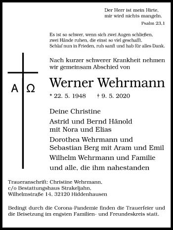 Traueranzeige von Werner Wehrmann von Westfalen-Blatt