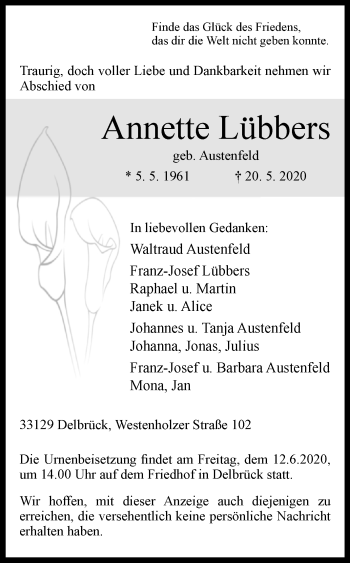 Traueranzeige von Annette Lübbers von Westfalen-Blatt