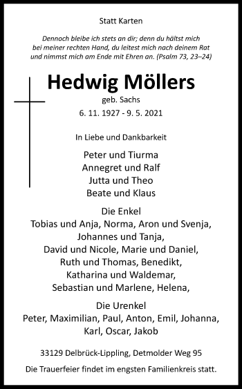 Traueranzeige von Hedwig Möllers von Westfalen-Blatt