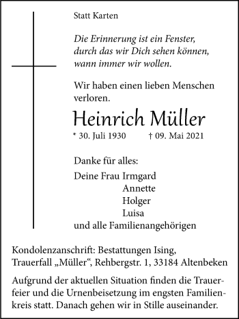 Traueranzeige von Heinrich Müller von Westfalen-Blatt