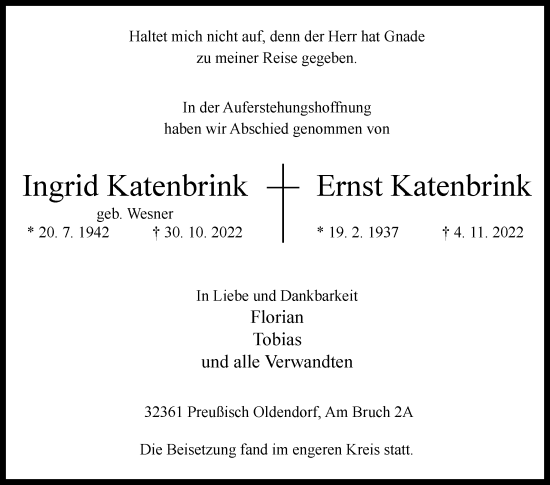 Traueranzeige von Ingrid und Ernst Katenbrink von Westfalen-Blatt