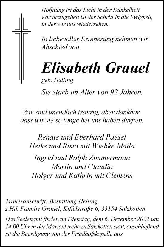 Traueranzeige von Elisabeth Grauel von Westfalen-Blatt