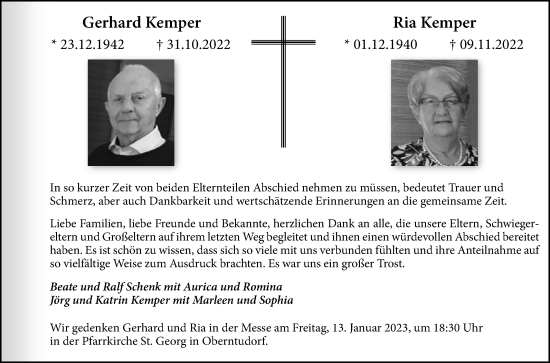Traueranzeige von Gerhard und Ria Kemper von Westfalen-Blatt