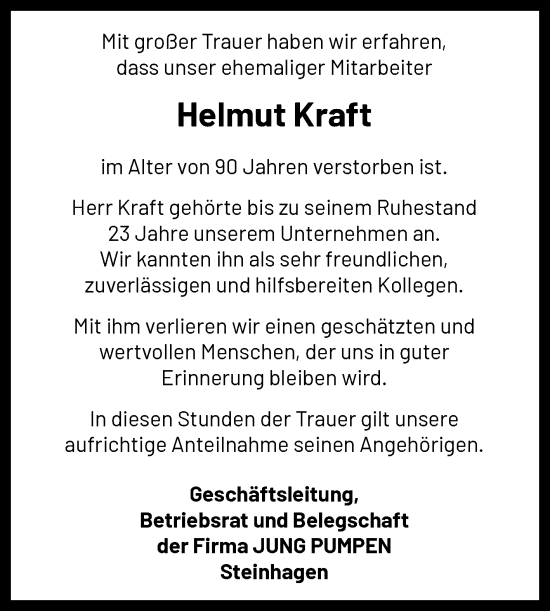 Traueranzeige von Helmut Kraft von Westfalen-Blatt