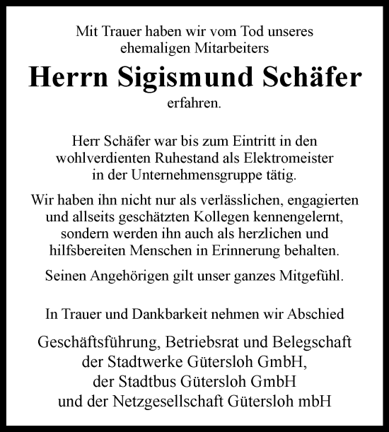 Traueranzeige von Sigismund Schäfer von Westfalen-Blatt