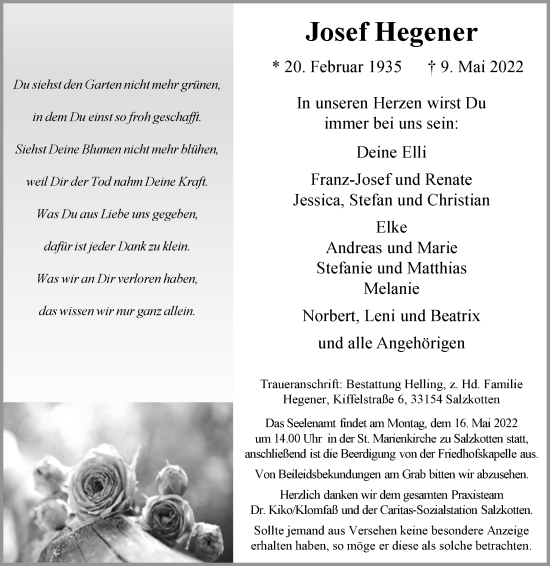 Traueranzeige von Josef Hegener von Westfalen-Blatt