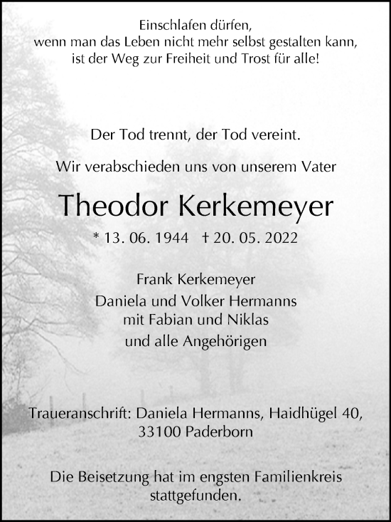 Traueranzeige von Theodor Kerkemeyer von Westfalen-Blatt