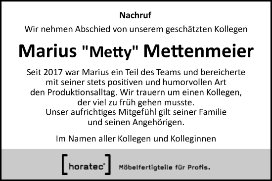 Traueranzeige von Marius Mettenmeier von Westfalen-Blatt