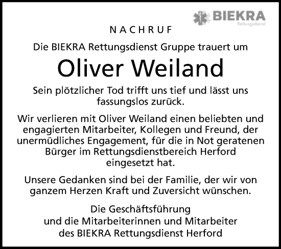 Traueranzeige von Oliver Weiland von Westfalen-Blatt