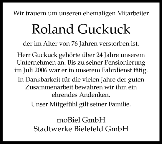 Traueranzeige von Roland Guckuck von Westfalen-Blatt