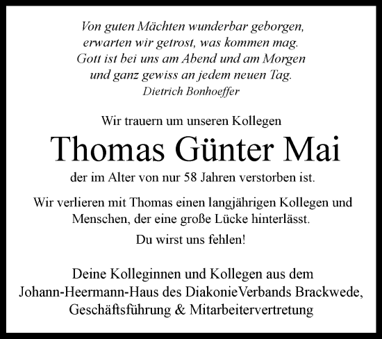 Traueranzeige von Thomas Günter Mai von Westfalen-Blatt