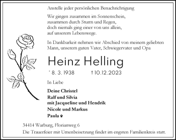 Traueranzeige von Heinz Helling von Westfalen Blatt