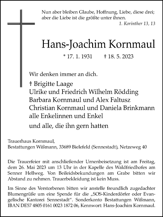 Traueranzeige von Hans-Joachim Kornmaul von Westfalen-Blatt