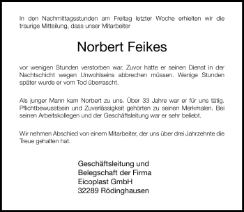 Traueranzeige von Norbert Feikes von Westfalen Blatt