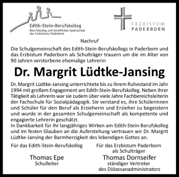 Traueranzeige von Dr. Margrit Lüdtke-Jansing von Westfalen Blatt