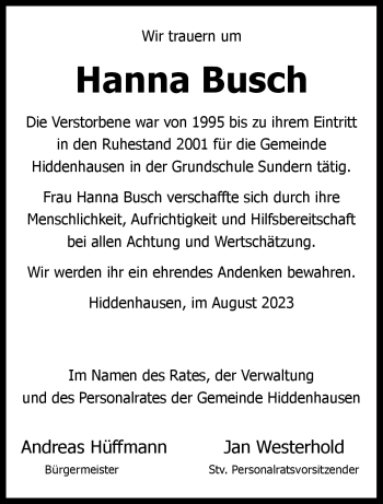 Traueranzeige von Hanna Busch von Westfalen Blatt