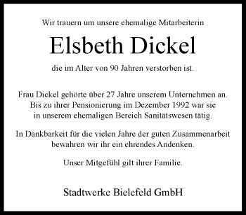 Traueranzeige von Elsbeth Dickel von Westfalen Blatt