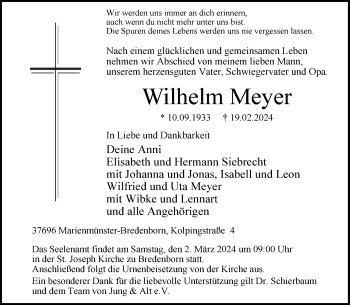 Traueranzeige von Wilhelm Meyer von Westfalen Blatt