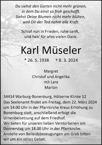Traueranzeige von Karl Müseler von Westfalen Blatt