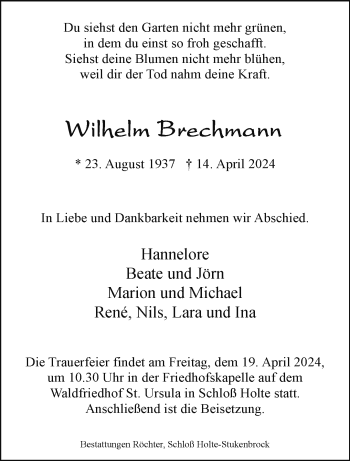 Traueranzeige von Wilhelm Brechmann von Westfalen Blatt