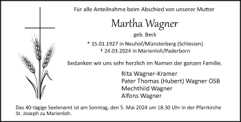 Traueranzeige von Martha Wagner von Westfalen Blatt