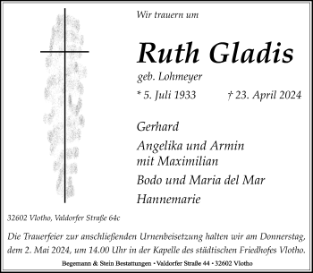 Traueranzeige von Ruth Gladis von Westfalen Blatt