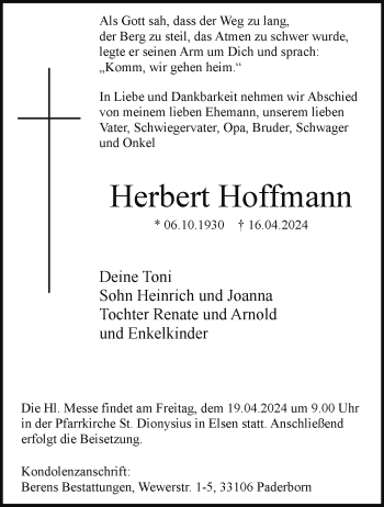 Traueranzeige von Herbert Hoffmann von Westfalen Blatt