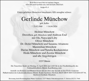 Traueranzeige von Gerlinde Münchow von Westfalen Blatt