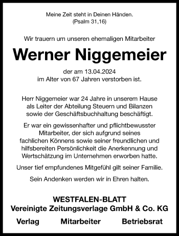 Traueranzeige von Werner Niggemeier von Westfalen Blatt