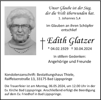 Traueranzeige von Edith Glatzer von Westfalen Blatt