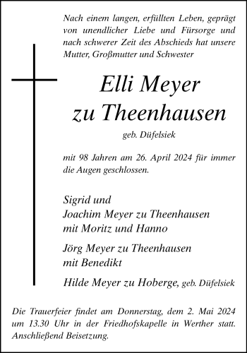 Traueranzeige von Elli Meyer Zu Theenhausen von Westfalen Blatt
