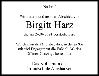 Traueranzeige von Birgitt Harz von Westfalen Blatt